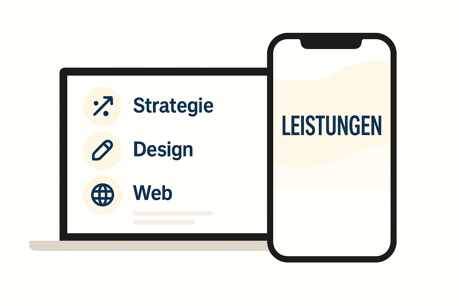 Illustration Laptop und Smartphone mit Text ‚Leistungen – Strategie, Design, Web