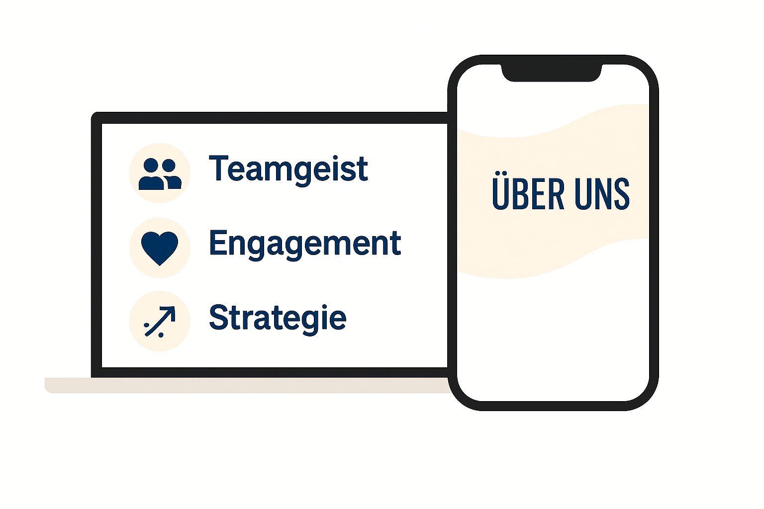 llustration Laptop und Smartphone mit Text ‚Über uns – Teamgeist, Engagement, Strategie