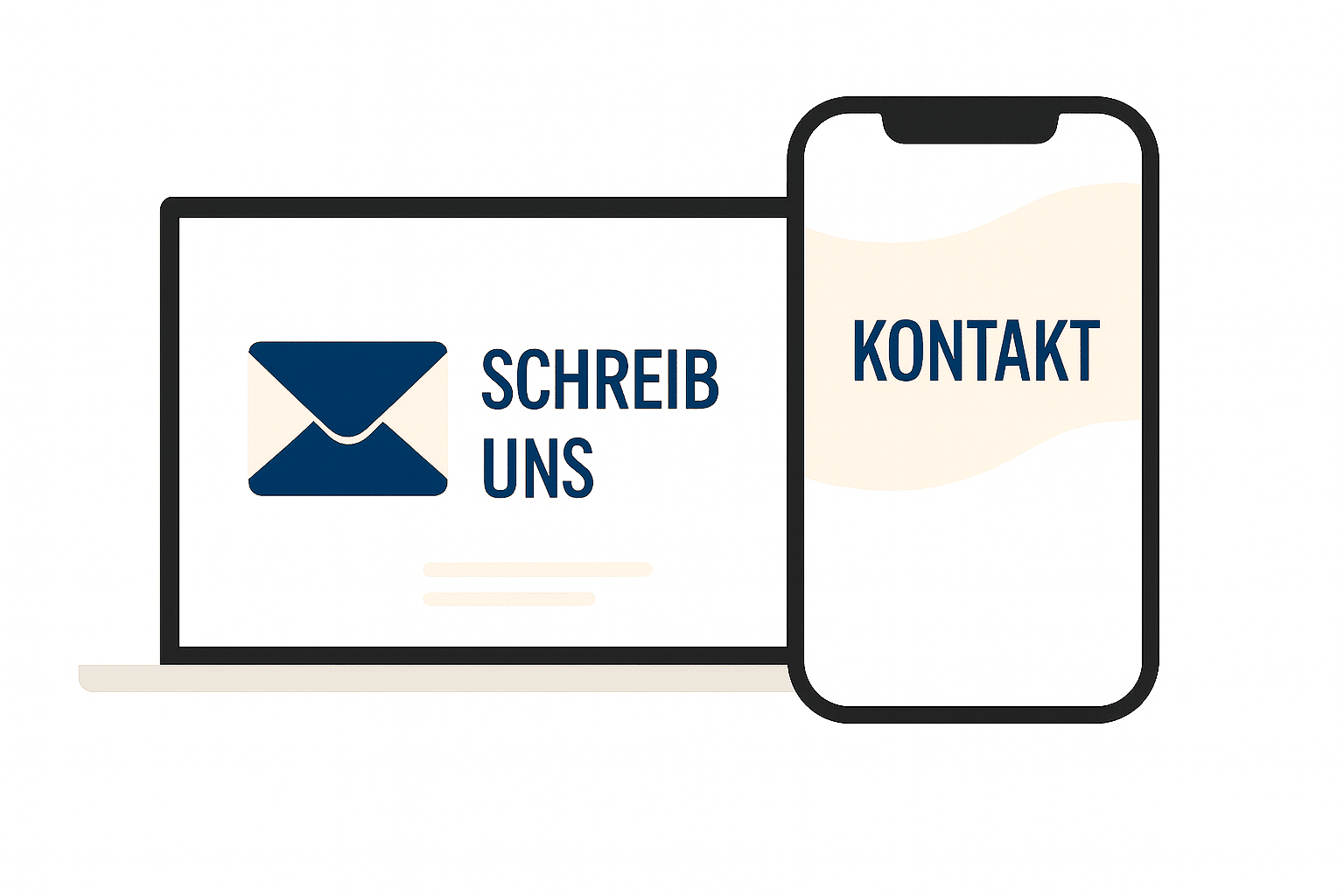 Illustration Laptop und Smartphone mit Text ‚Schreib uns – Kontakt