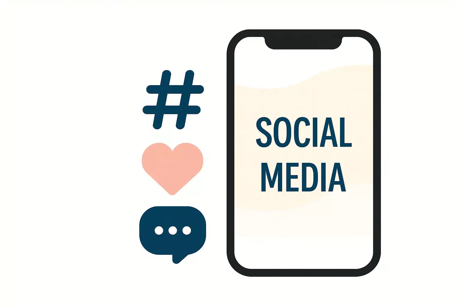 Illustration eines Smartphones mit Symbolen für Hashtag, Herz und Chatblase, Darstellung für Social Media Management, Instagram und TikTok Marketing.