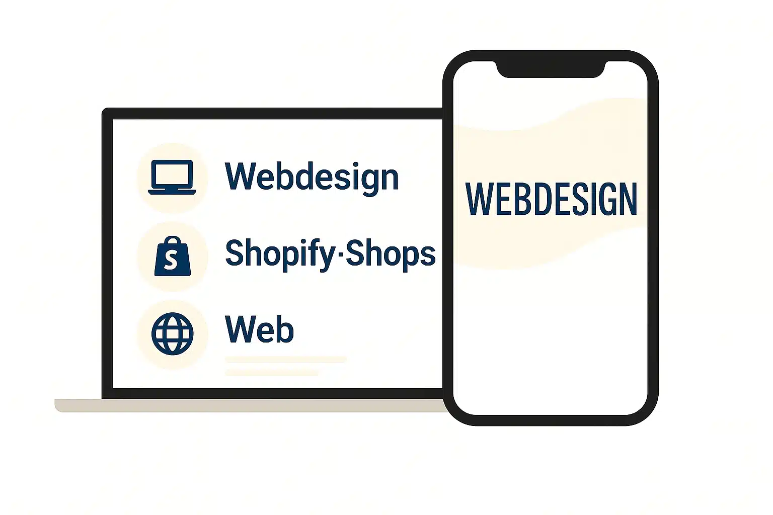 Illustration von Laptop und Smartphone mit Icons für Webdesign, Onlineshops und Shopify, Darstellung für responsive Webseiten und E-Commerce Lösungen.