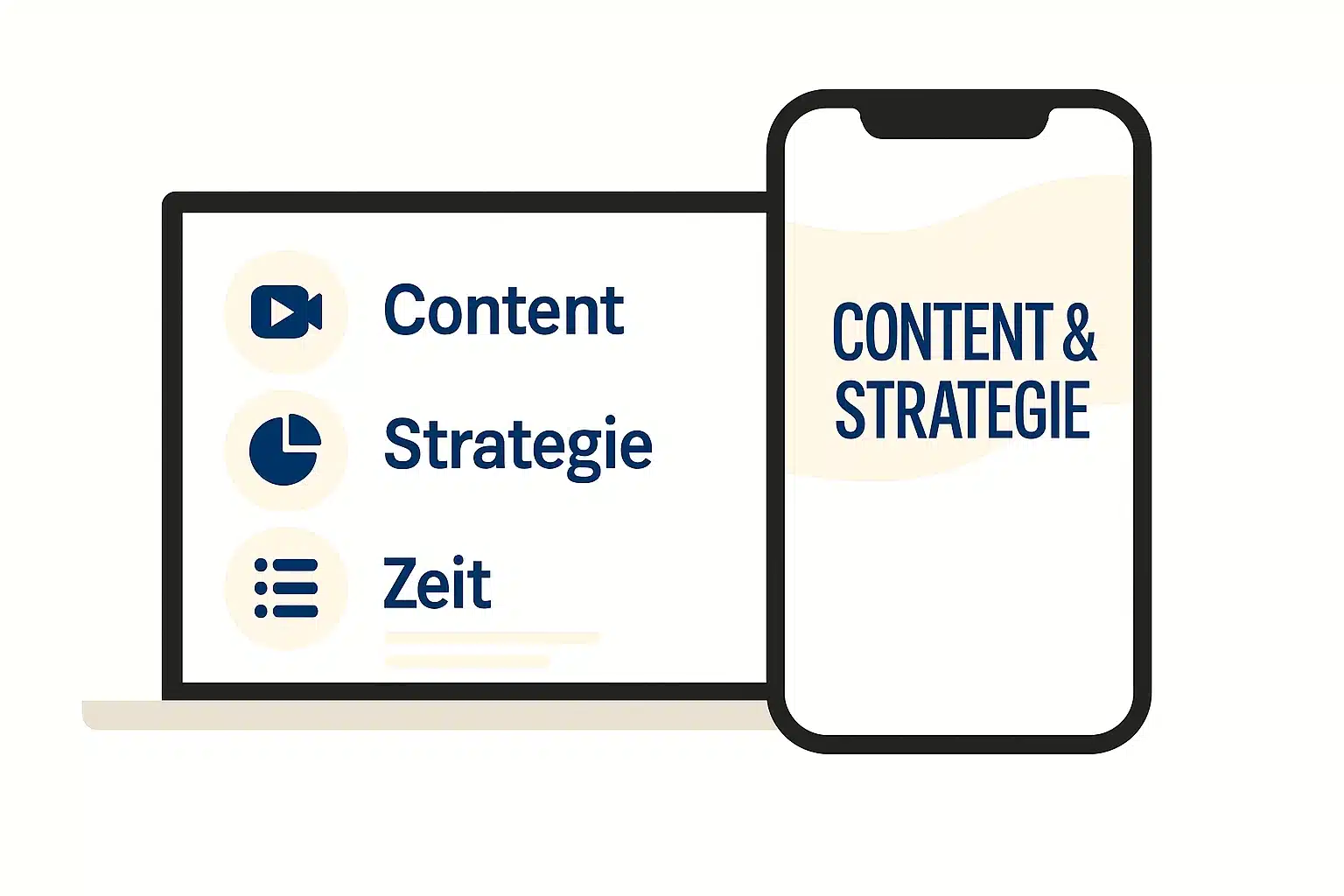 Illustration von Laptop und Smartphone mit Symbolen für Video, Strategie-Diagramm und Aufgabenliste, Darstellung für Content-Erstellung und Marketing-Strategie.