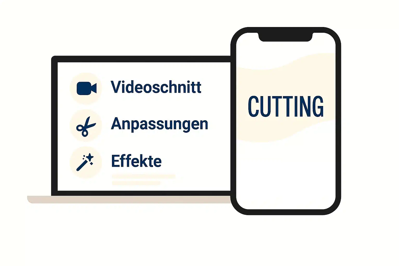 Illustration von Laptop und Smartphone mit Symbolen für Videoschnitt, Schere und Effekte, Darstellung für professionelles Video Editing und Social Media Reels.