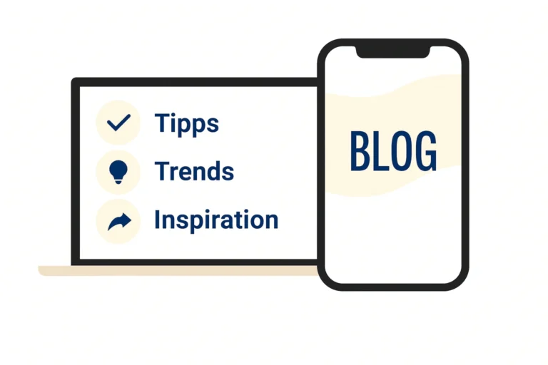 BRND Studio Blog – Illustration mit Laptop und Smartphone, die Tipps, Trends und Inspiration zu Branding, UGC und Social Media symbolisiert