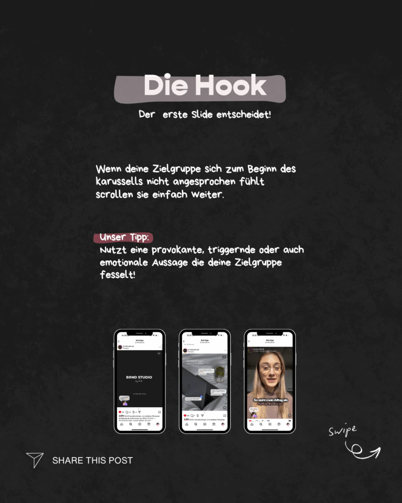 Beispiel für eine starke Hook in einem Social Media Post – Aufmerksamkeit direkt auf der ersten Slide erzeugen